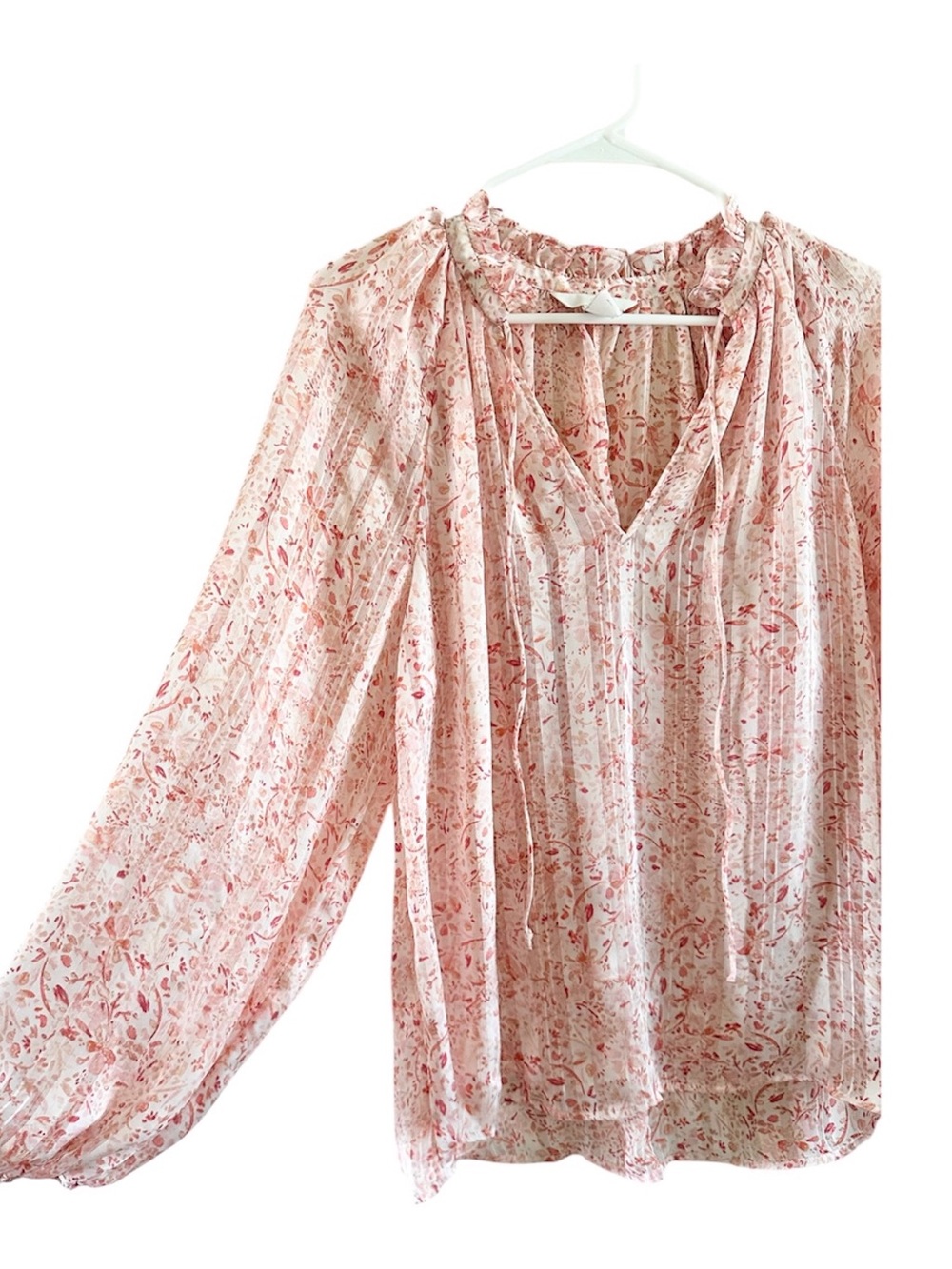 H&m pink chiffon flowy blouse S top puffed sleeve tie neck feminine romantic - Picture 1 of 4